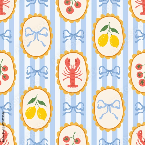 Fototapeta Vintage seamless pattern with lobster, bows, yellow lemons, tomato in decorative frames striped blue background. Summer mediterranean print. Italian vacation vibe. Vector hand drawn illustration.