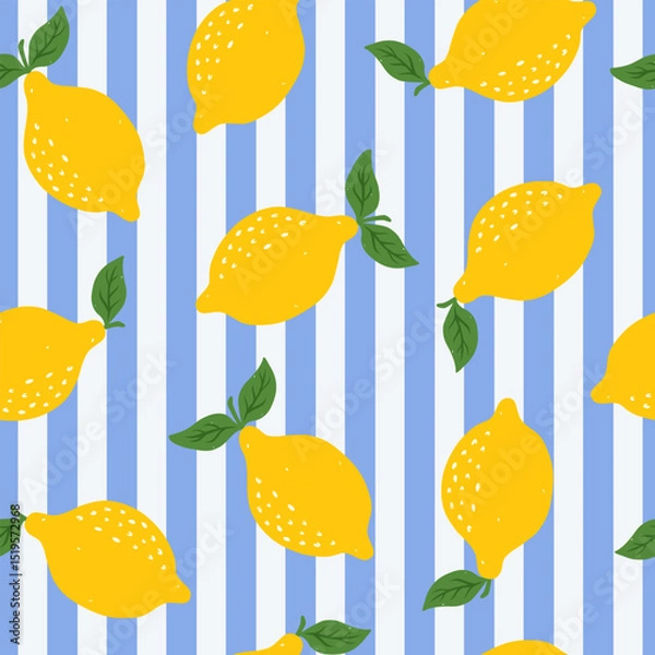 Fototapeta Vintage seamless pattern with yellow lemons and striped blue background. Summer mediterranean print. Italian vacation vibe. Vector hand drawn illustration for fabric, wrapping paper.