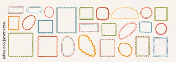 Fototapeta Collection of hand drawn colorful wavy frames different shapes. Summer decorative frames. Modern trendy borders for wedding invitation, birthday card, social media template. Vector illustration.