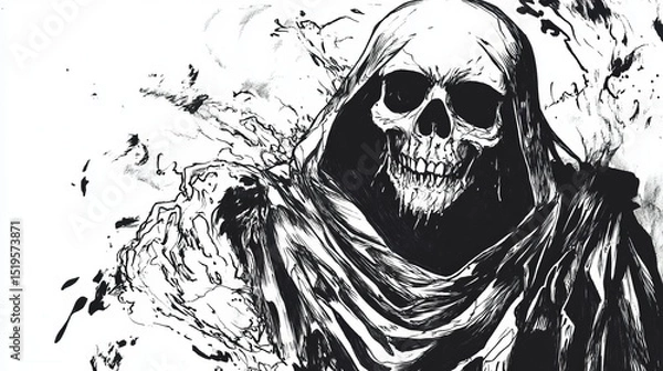 Fototapeta A black and white ink drawing character, in horror comic style, featuring the Grim Reaper. Death with a hood and scythe