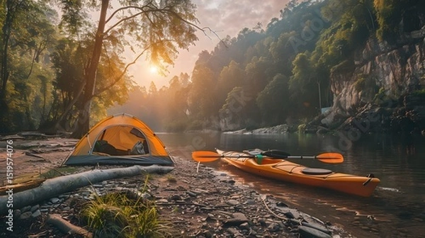 Fototapeta Serene lakeside camping scene at sunset with a kayak resting by a tent amidst lush forest surroundings