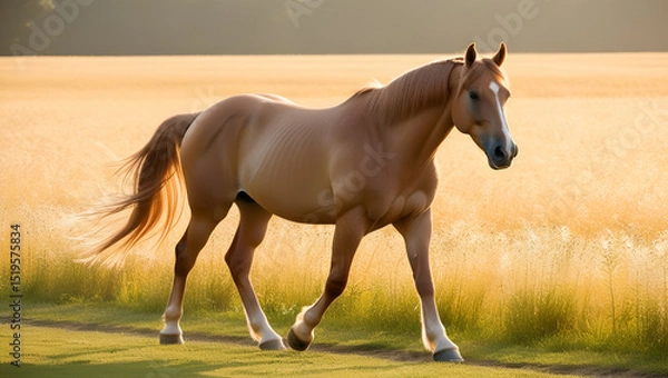 Obraz Peaceful scene of a strong, light brown horse strolling in a sunlit golden field—capturing the essence of freedom and natural beauty.