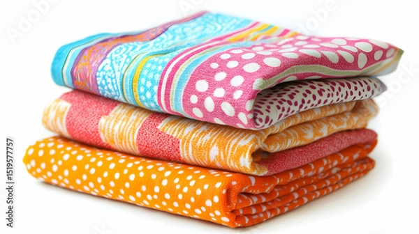 Fototapeta Folded Fabric Colorful Patterns Stacked Neatly White Background