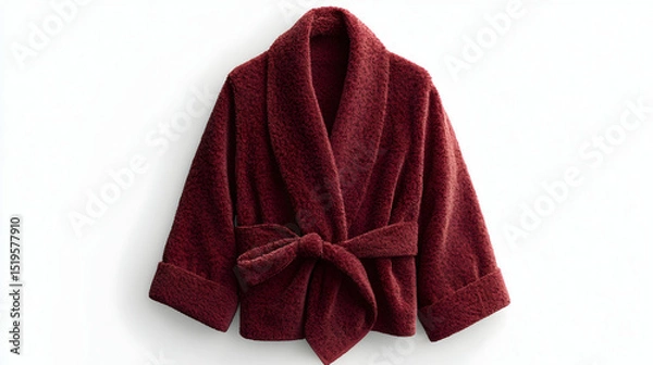 Fototapeta Burgundy Plush Robe Open Front with Belt and Shawl Collar Warm and Comfortable Texture on White Background