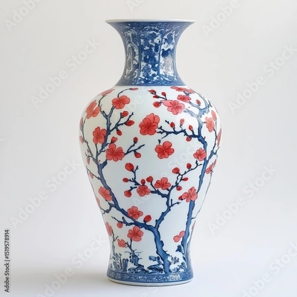 Fototapeta A large, brightly colored blue and white porcelain vase with a plum blossom pattern