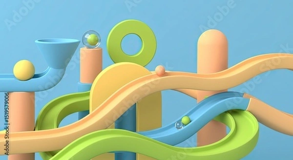 Fototapeta Colorful 3D abstract marble run with balls and tracks on blue background, playful geometric shapes, minimal design