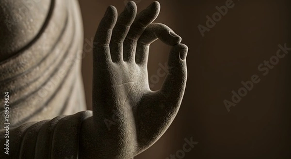 Fototapeta Macro image of a Zen Buddha statue’s hand in meditation mudra pose.