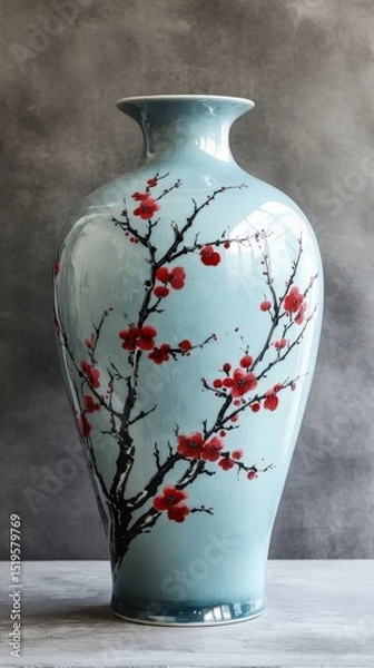 Fototapeta A large, brightly colored blue and white porcelain vase with a plum blossom pattern