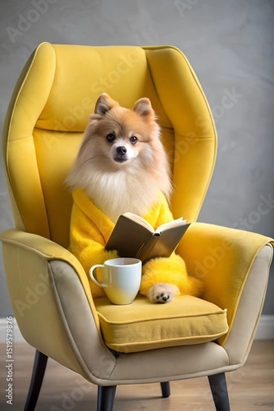 Fototapeta Chihuahua Puppy  Enjoying a Good Book and Tea in a Yellow Armchair