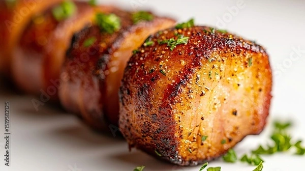 Fototapeta Close up of crispy, delicious bacon bites, garnished with fresh herbs. Perfect for food blogs, restaurant menus, or culinary publications.
