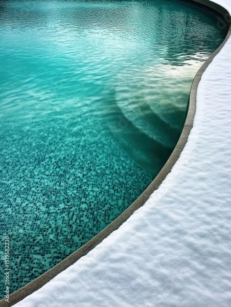 Fototapeta view of an infinity pool blending seamlessly into the ocean — bright turquoise water, clear summer skies, minimalist composition with copy space. Tropical summer vibes mockup background