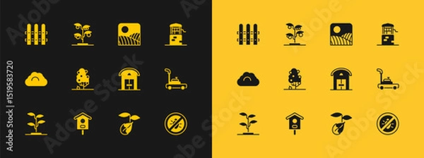 Fototapeta Set Well, Bird house, Farm, Sprout, Fruit tree, Agriculture wheat field farm, Garden fence wooden and icon. Vector