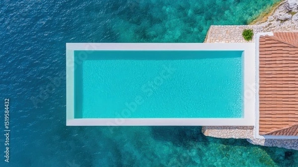 Fototapeta view of an infinity pool blending seamlessly into the ocean — bright turquoise water, clear summer skies, minimalist composition with copy space. Tropical summer vibes mockup background