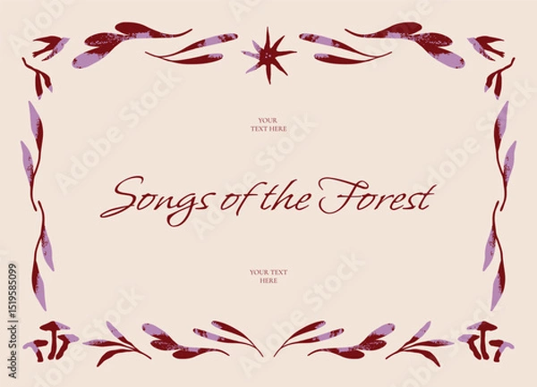 Obraz Mushrooms, leaves and floral shapes forming decorative symmetrical forest border with textured hand drawn style. Illustration for frames, cards, posters, banners, advertising. Vector illustration.