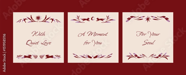Obraz Three autumn greeting card templates with foxes, birds, leaves, stars and berries. Decorative hand drawn elements in seasonal style. Illustration for postcards, invitations, banners, print.