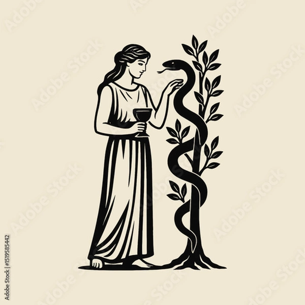 Fototapeta Hygeia with snake and cup engraving style vector illustration