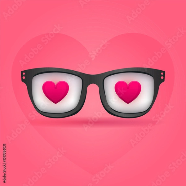 Obraz Love Glasses – Flat Vector with Hearts Reflected in Lenses on Pink Background