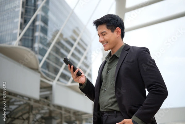 Obraz Confident businessman in a suit checking phone messages in a modern cityscape.