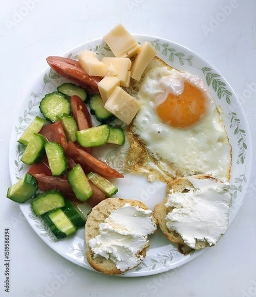 Fototapeta Nutritious breakfast plate with fried egg, vegetables, cheese and cream cheese toasts