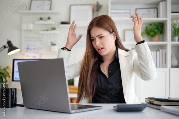 Obraz Young Asian businesswoman in white blazer raises hands in frustration while looking at laptop screen during office work.