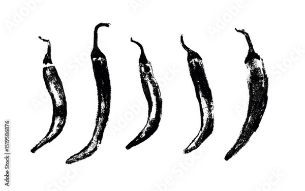 Fototapeta Charcoal style vector doodle of five unique chili peppers. Hand drawn symbols perfect for food labels, cosmetic packaging, kitchen decor, and extended license design projects.