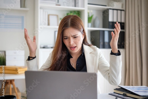 Obraz Female office worker raises hands in disbelief while looking at laptop, showing surprise or frustration at unexpected work issue.