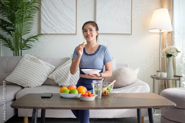 Obraz Young woman in activewear enjoying a nutritious breakfast in a cozy living room setting with fresh fruits and salad on the table.