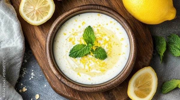 Fototapeta Fresh Lemon Cream Dip with Mint Garnish in Wooden Bowl