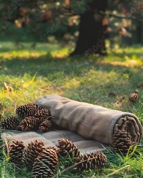 Fototapeta A rolled blanket resting on green grass surrounded by pine cones under a shaded tree