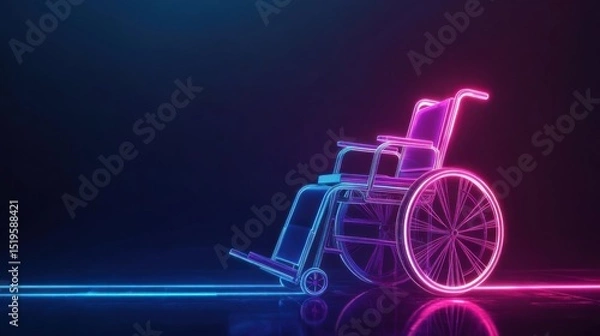 Obraz Illuminated wheelchair with neon blue & pink outlines on a dark reflective surface