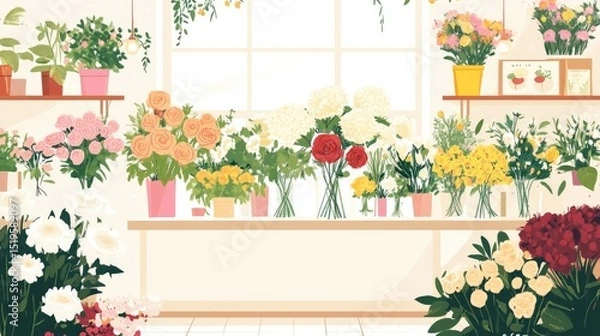 Fototapeta Colorful Floral Shop Display with Various Flower Arrangements