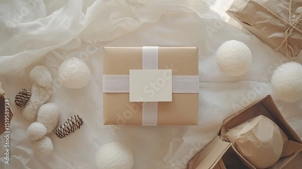 Fototapeta Elegant Gift Package Surrounded by Decorative Elements on White Fabric