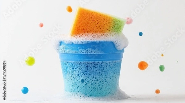 Fototapeta Colorful Cleaning Supplies with Soap Bubbles and Sponge on White Background