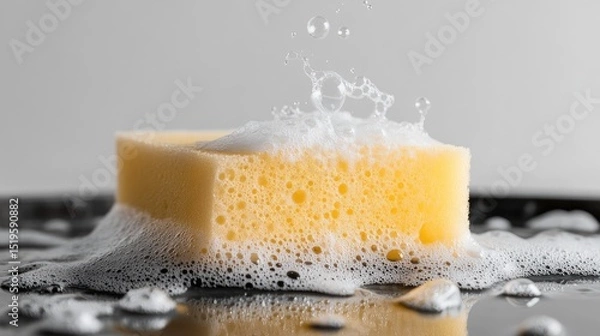 Fototapeta Yellow Cleaning Sponge with Bubbles on Reflective Surface