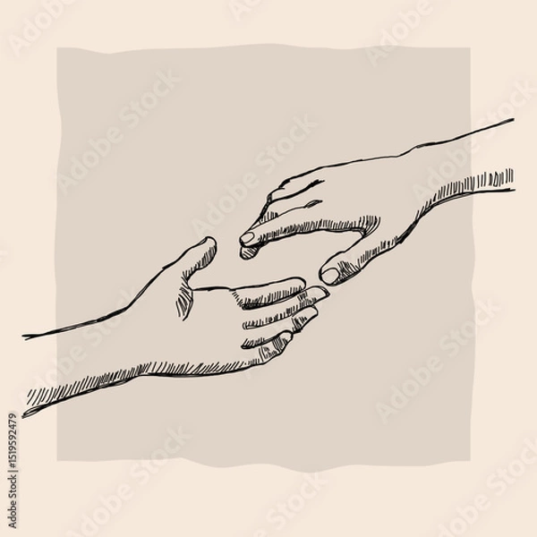 Obraz Two Reaching Hands – Line Art Sketch on Beige Background
