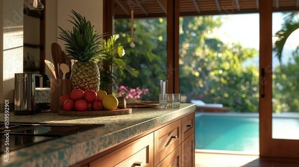 Obraz Modern kitchen with a large window overlooking a swimming pool. the kitchen has wooden cabinets and a granite countertop with a sink and a coffee maker.
