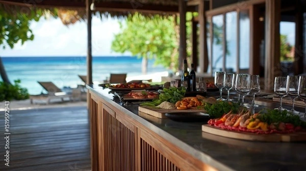 Obraz Long wooden bar with a view of the ocean. the bar is set up on a wooden deck with a thatched roof and large windows that offer a beautiful view.