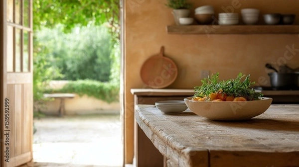 Obraz Kitchen countertop with a bowl of fresh herbs on it. the countertop is made of light-colored wood and has a rustic, weathered look.