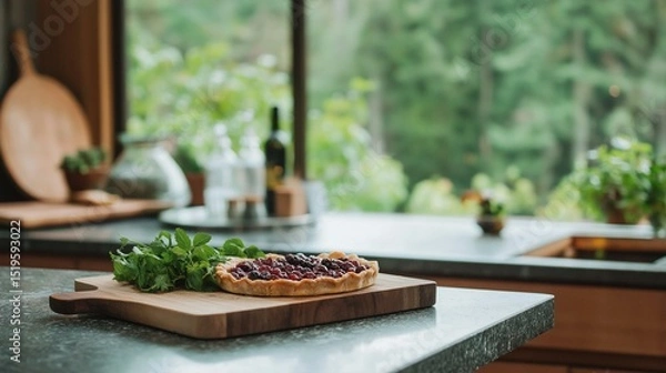 Obraz Freshly baked tart on a wooden cutting board on a kitchen countertop. the tart is golden brown and has a flaky crust. it is filled with dark red berries and garnished with fresh green leaves.