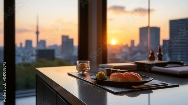 Obraz Modern kitchen countertop with a plate of sushi and chopsticks on it. the plate is black and has a variety of sushi rolls on it, including salmon, tuna, and avocado.
