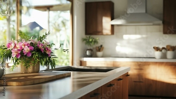 Obraz Modern kitchen with a large window on the left side. the window has a view of trees and a house outside.