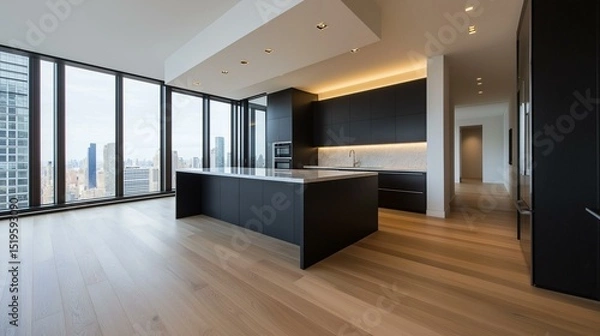 Obraz Modern and spacious kitchen with a large window that offers a panoramic view of the city. the kitchen has black cabinets and a large island in the center with a white countertop.