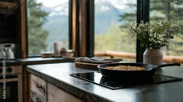 Obraz Kitchen countertop with a black frying pan on it. the pan is filled with a dish of food, which appears to be a type of pasta or pasta dish.