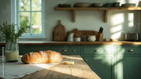 Obraz Kitchen countertop with a loaf of bread on it. the bread is golden brown and appears to be freshly baked.