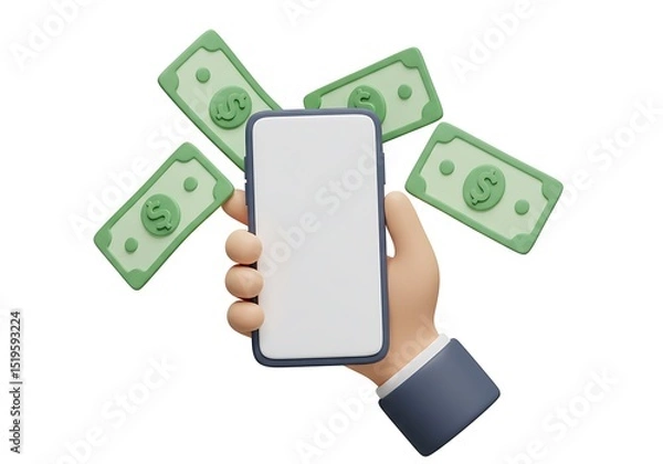 Fototapeta 3d Hand holding phone with money isolated on white background. use cases: finance, investment, banking, and online payments.