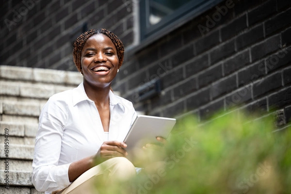Obraz Portrait of beautiful African woman in elegant suit holding tablet computer in business district.