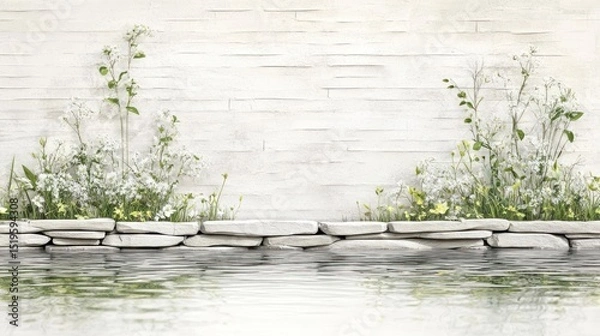 Obraz Textured wall with plants reflecting on water creates a serene, tranquil scene
