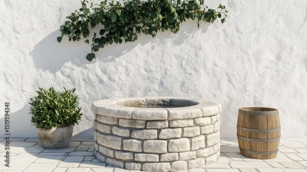 Obraz Stone well, potted bush, and barrel against a white textured wall on a sunny day