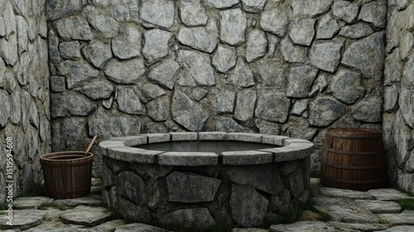 Obraz Stone well with two wooden buckets in a cobblestone courtyard, enclosed by stone wall
