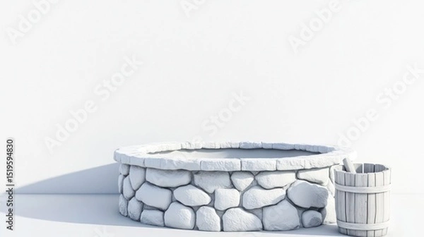 Obraz Stone water well, light catching on side with wooden bucket, all in a white space